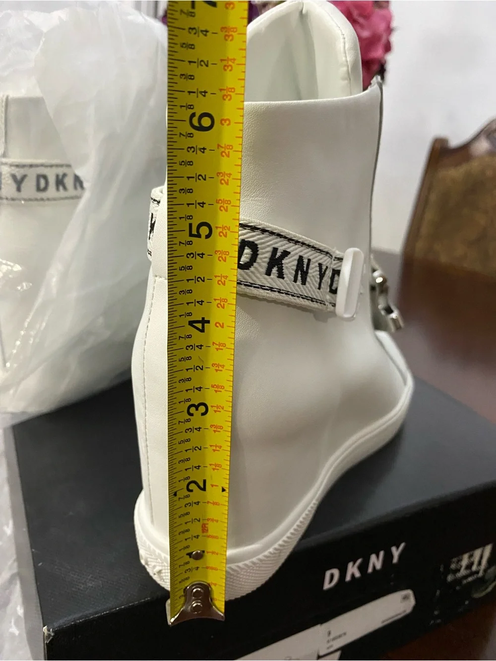 DKNY White Leather Wedge Sneaker Boot with Branded Strap